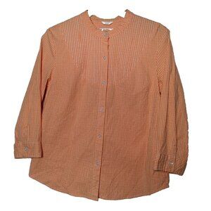 Talbots Blouse Women Medium Orange White Gingham Check Button Up Pleated 3/4 Slv